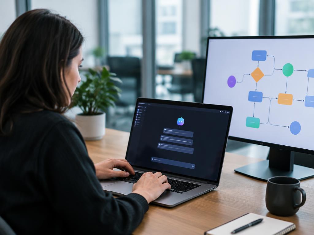 Professional using an AI assistant beside a workflow diagram