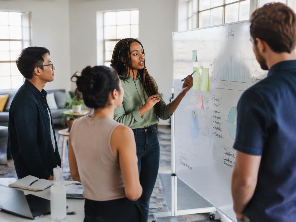 Team analyzing data at a whiteboard