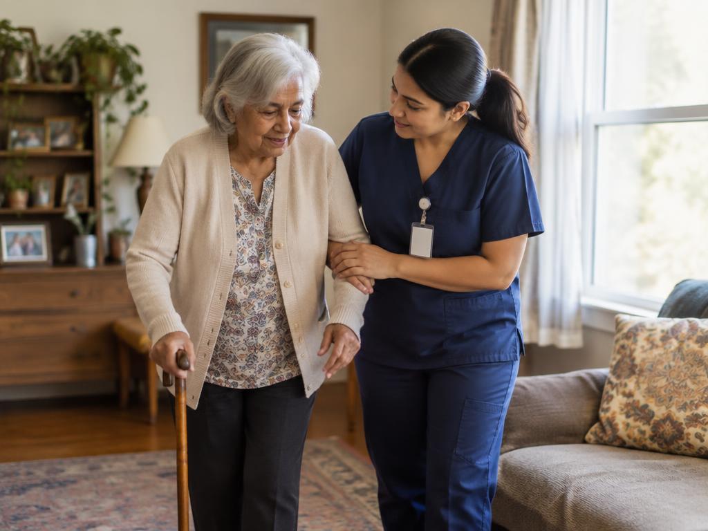 Caregiver helping an older woman walk with a cane at home