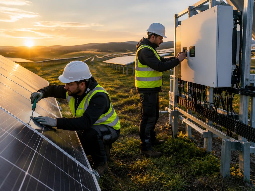 Technicians maintaining a solar installation