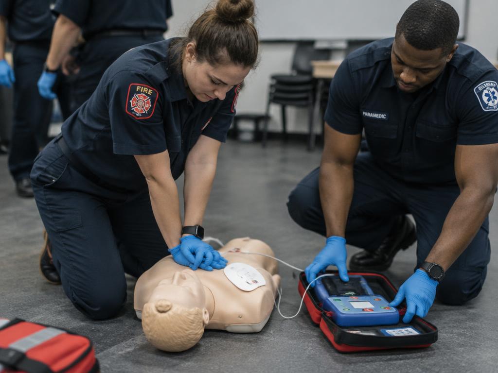 First responders practicing CPR with a defibrillator