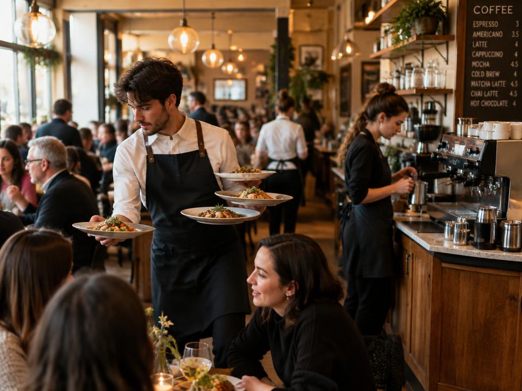 Waiter serving plates while a barista makes coffee