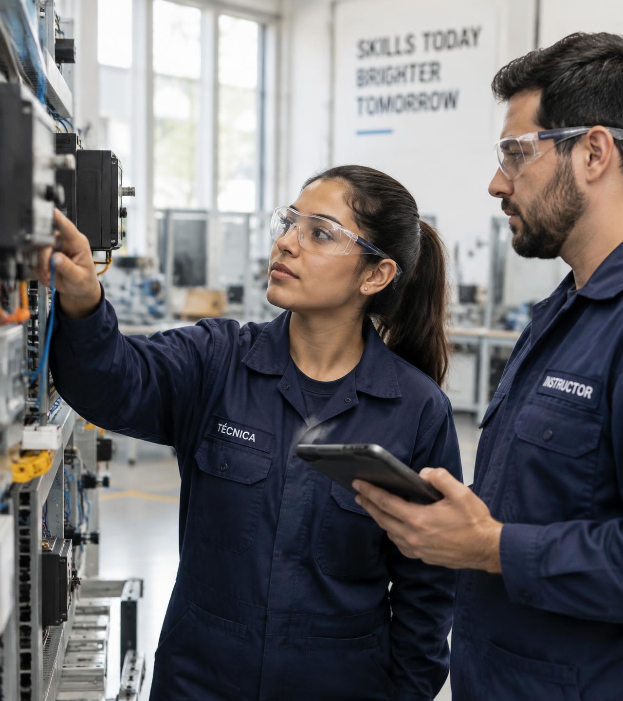 A technician and an instructor inspecting an industrial control panel in a training workshop