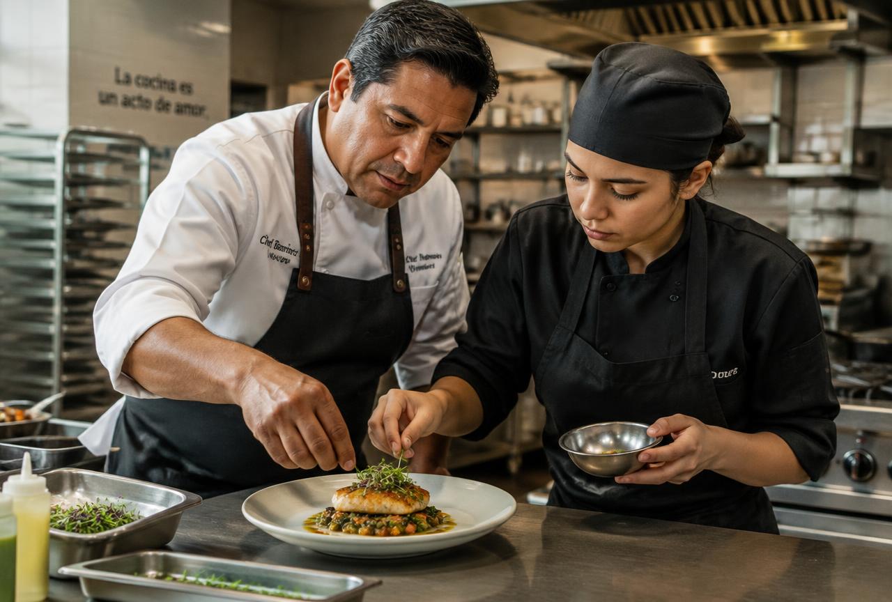 Chef instructor guiding a young cook plating a dish