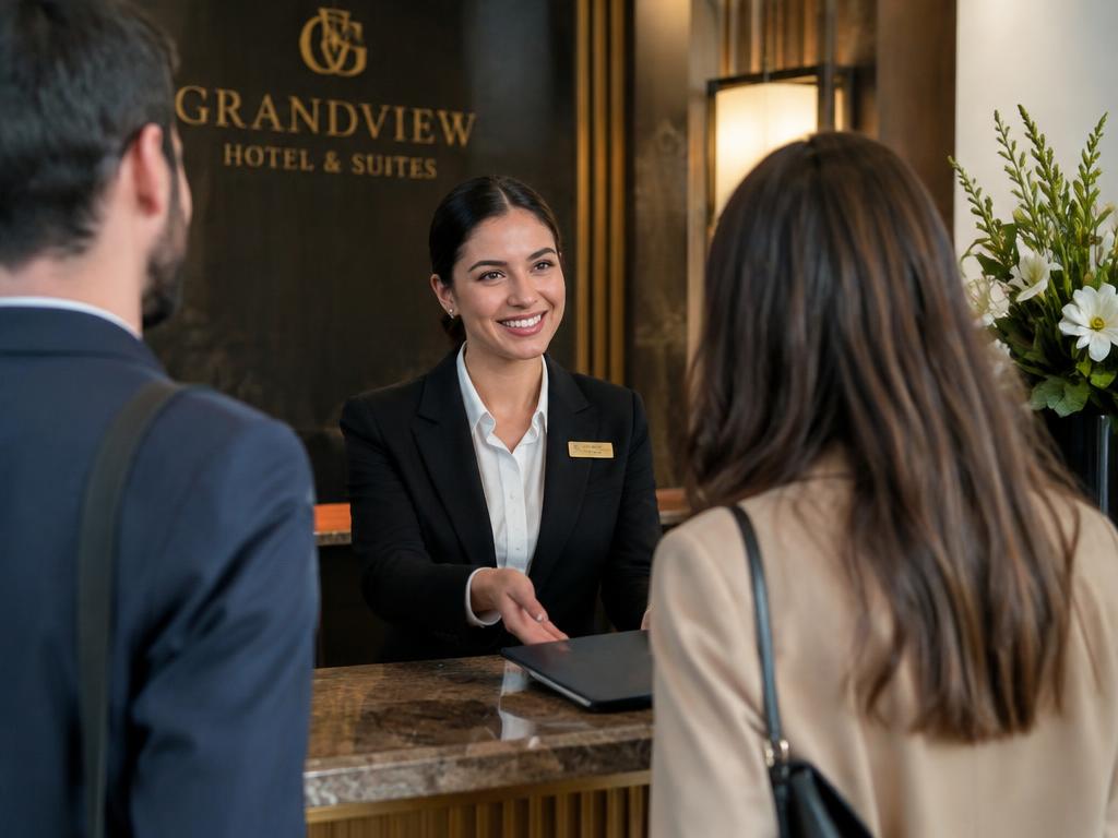 Receptionist welcoming guests at a hotel front desk