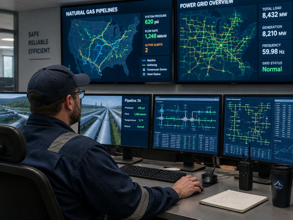 Operator monitoring pipeline and power grid screens in a control room