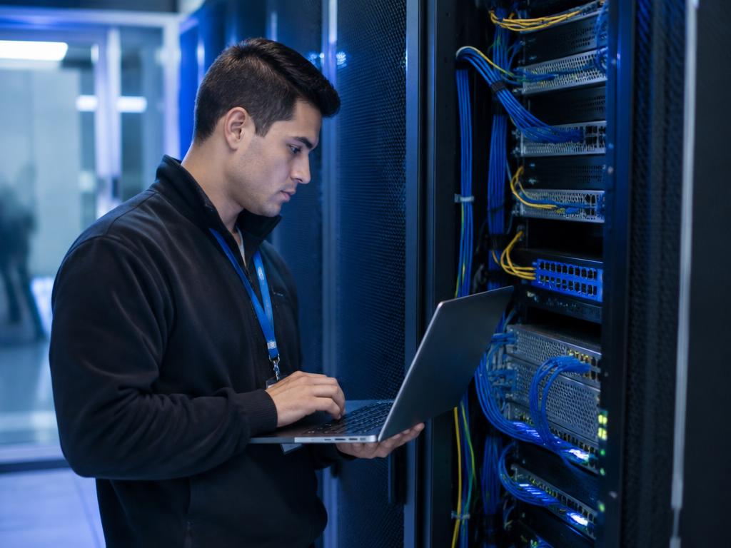 IT technician working on a server rack with a laptop