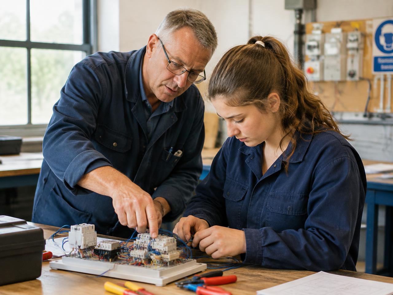 An instructor mentoring an apprentice at an electrical training bench