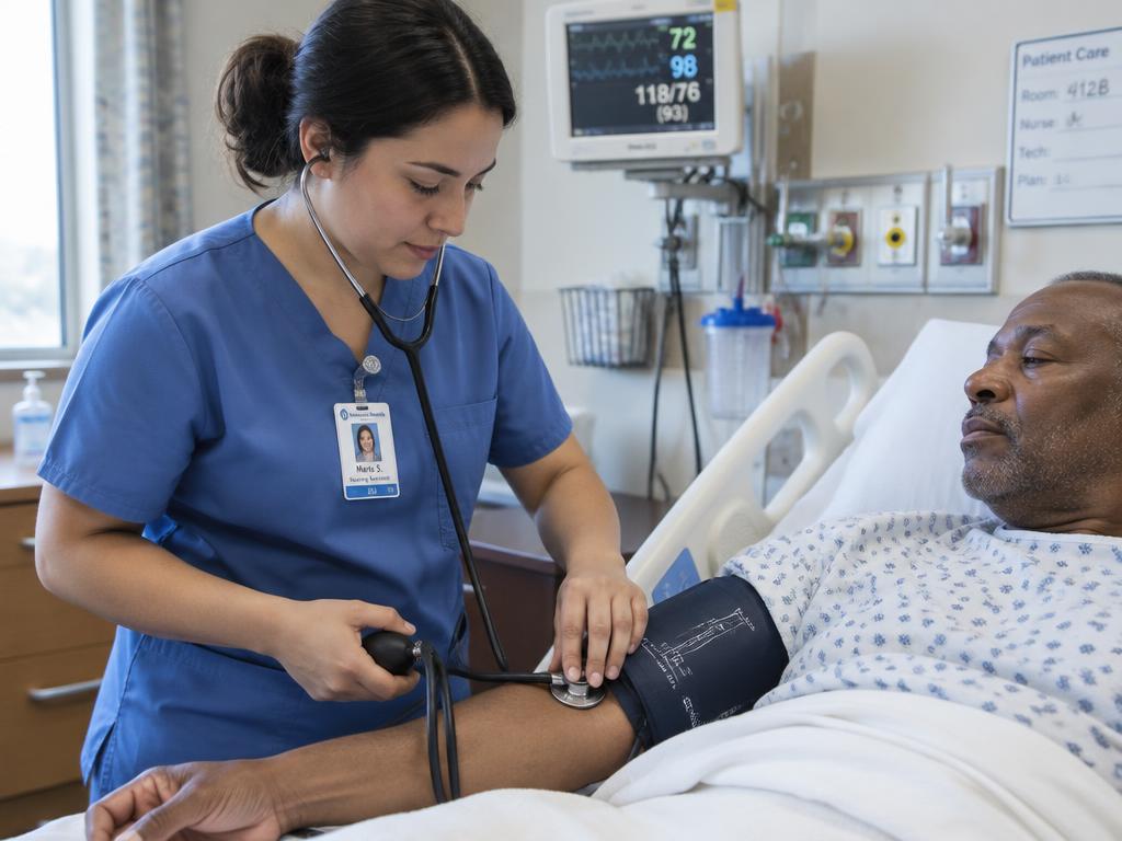Nursing assistant checking a patient's blood pressure