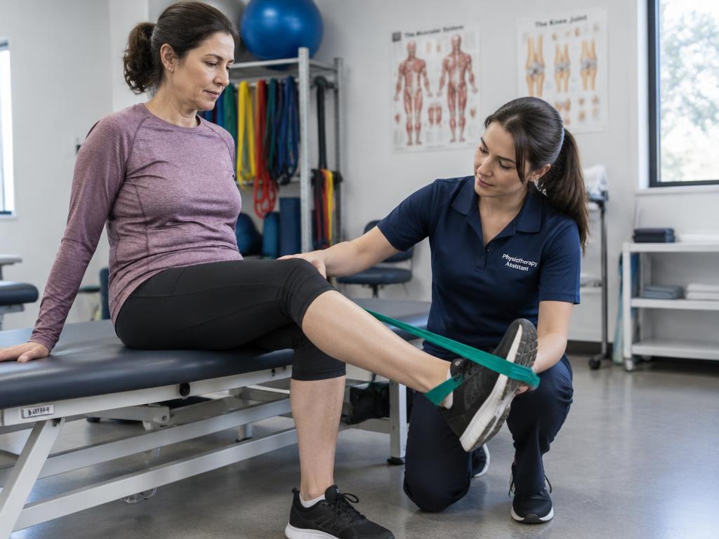 Physiotherapy assistant guiding knee exercises with a resistance band