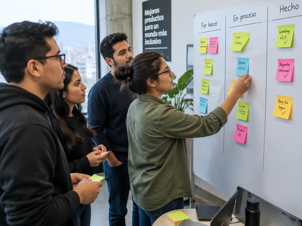 Product team arranging tasks on a planning board