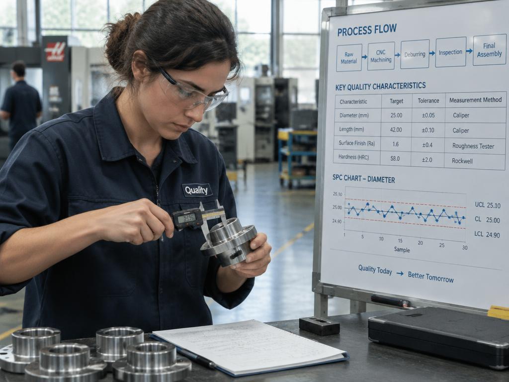 Quality technician measuring a machined part with calipers